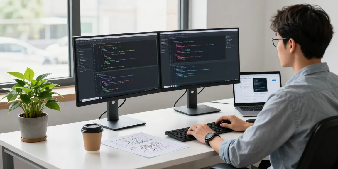 Build internal tools with AI in a modern tech workspace, capturing the essence of software development.