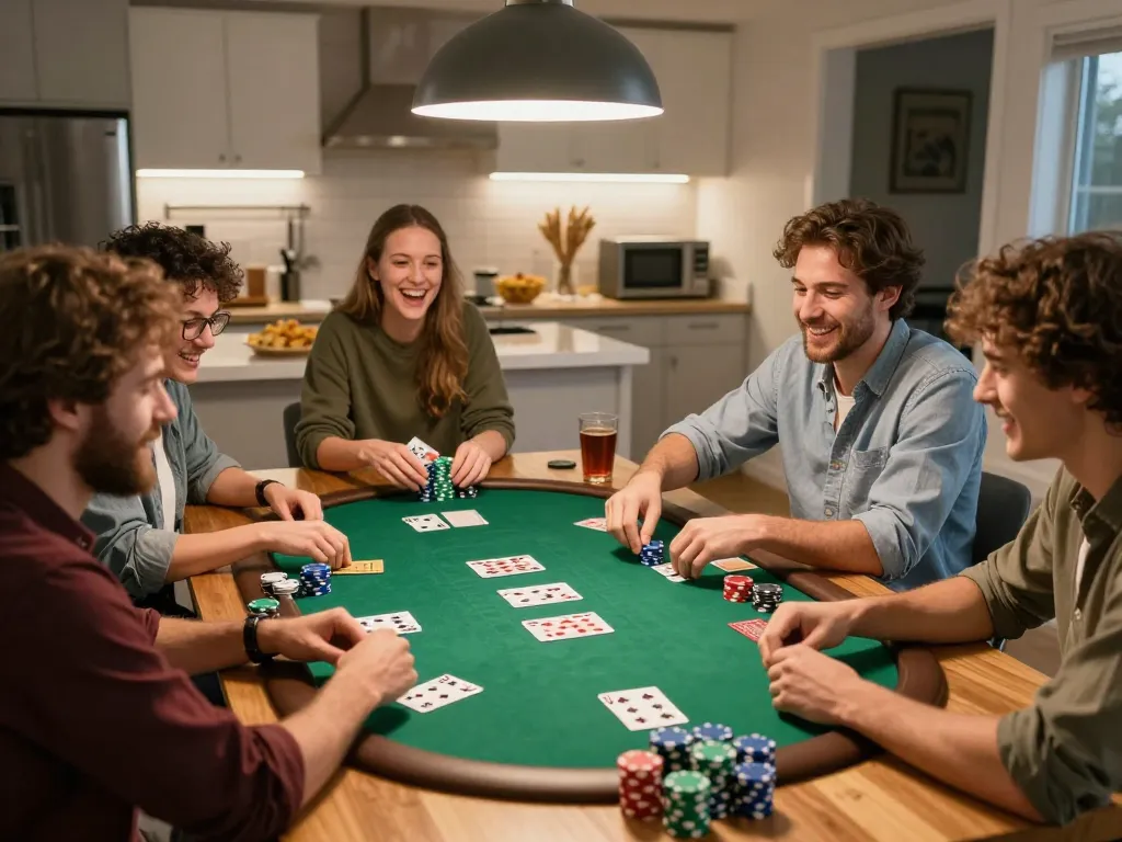 Players enjoying a thrilling home poker night with sunwin-themed poker chips and cards.