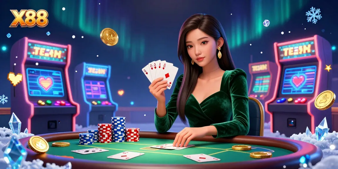 Experience X88's vibrant casino gaming with a stunning poker scene and colorful arcade elements.
