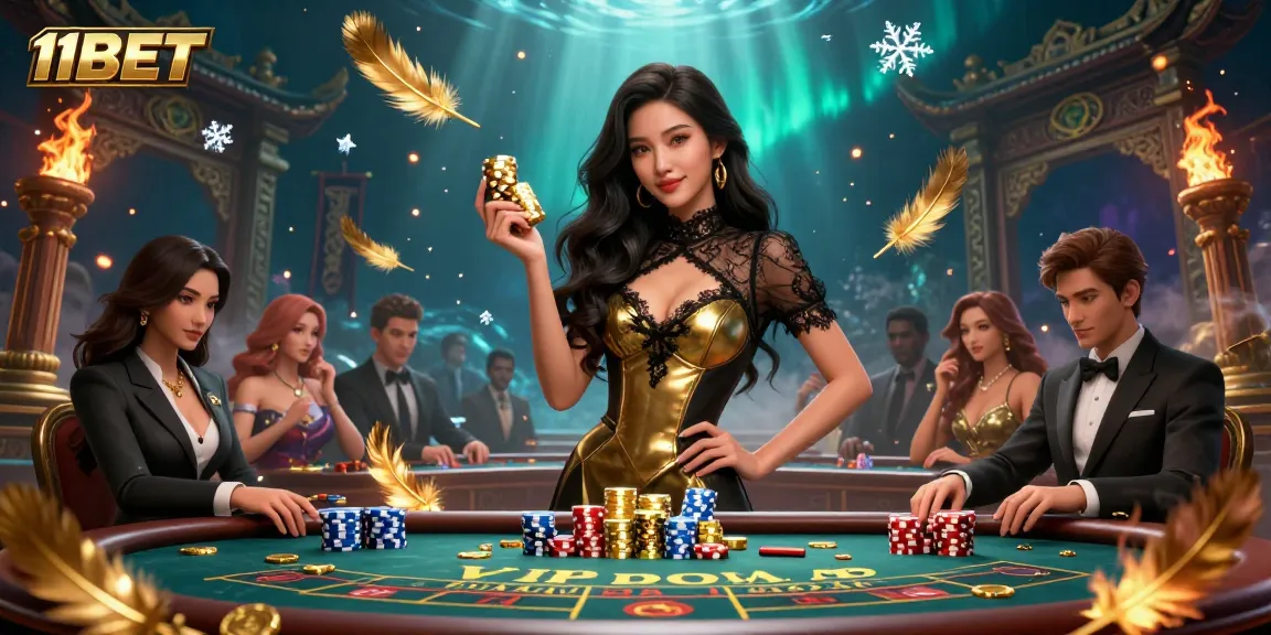 Experience thrilling baccarat at 11BET with a glamorous dealer and high-value casino chips in a vibrant scene.