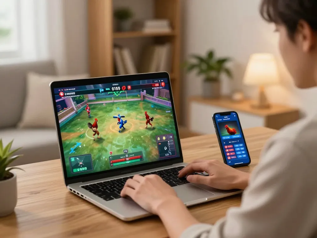 WALA88 player engaging with live matches on stylish laptop in a cozy home office.