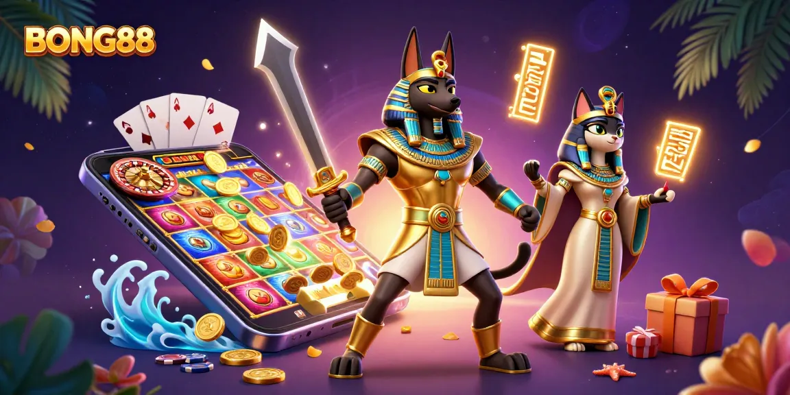 BONG88 offers thrilling gaming with an epic Anubis warrior and vibrant casino elements in stunning 3D.