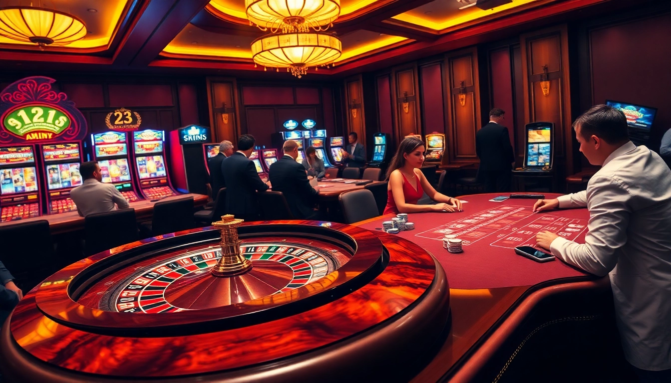 Exciting players at 23win bet on roulette and poker with colorful chips in a luxurious casino.
