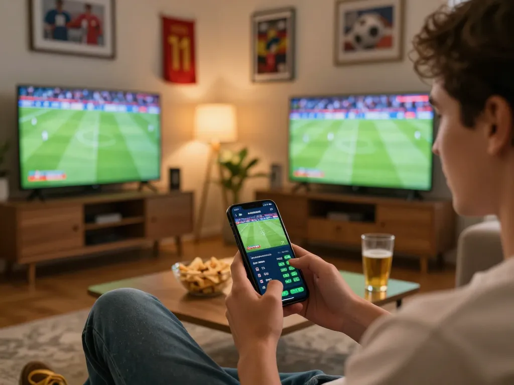 Experience thrilling ball piala dunia 2026 betting excitement on a mobile app in a cozy living room.