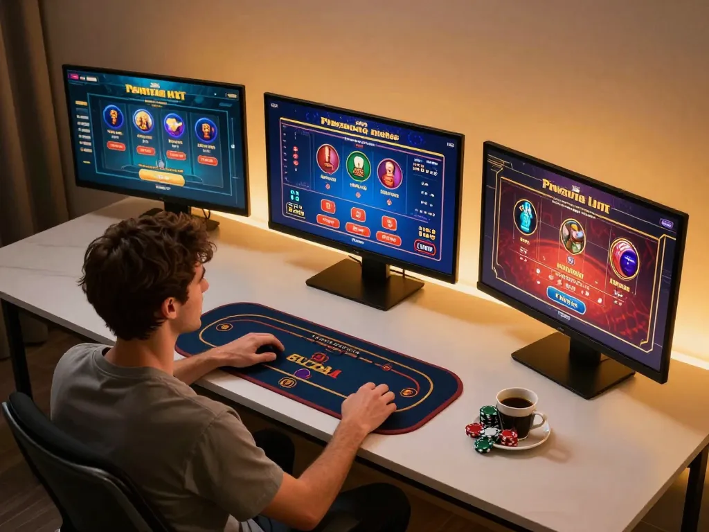 Engaged player strategizing in nk88 online gaming setup with multiple screens and chips.