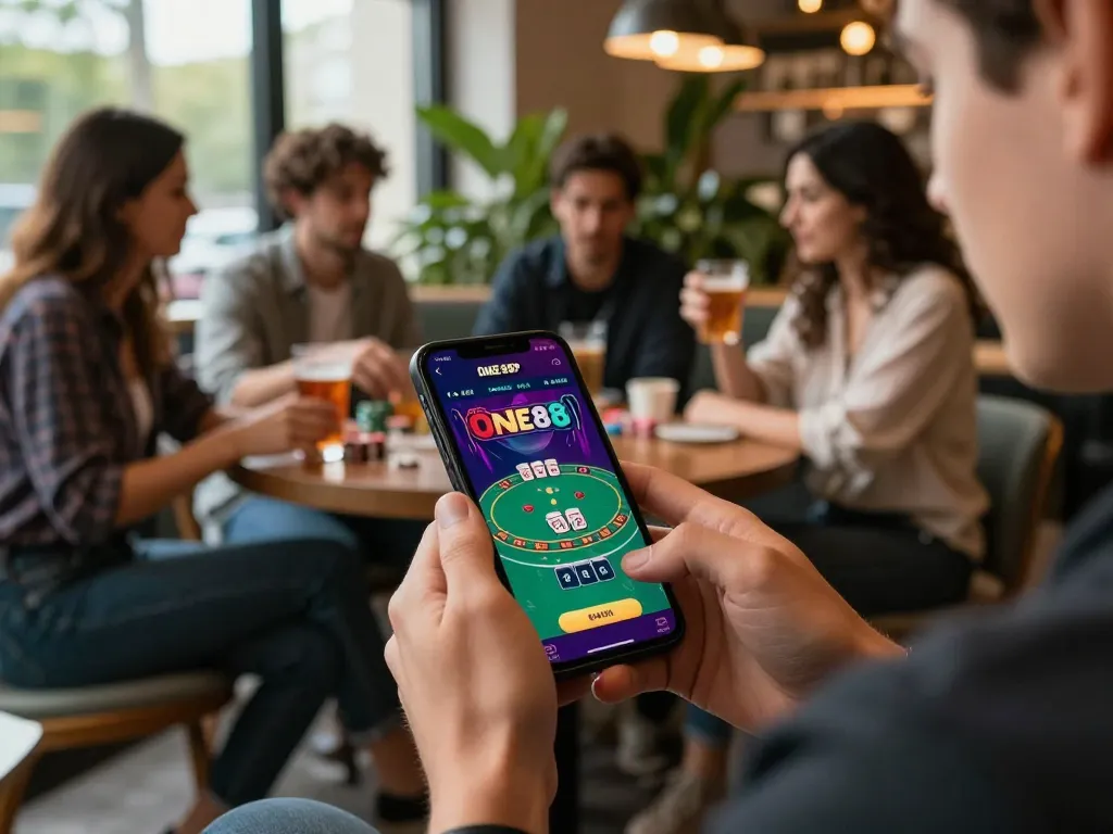 Engaging with the ONE88 APP for live dealer blackjack at a chic café, capturing excitement and strategy.