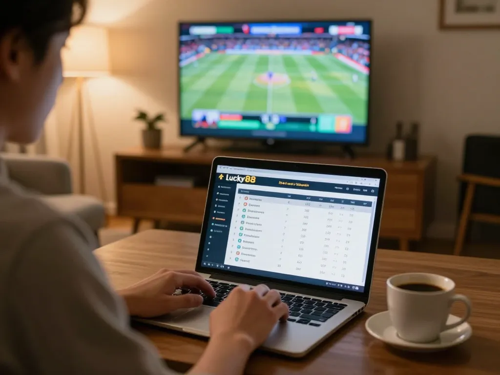 Engaging online gaming with Lucky88 betting interface displayed on laptop in cozy setting.
