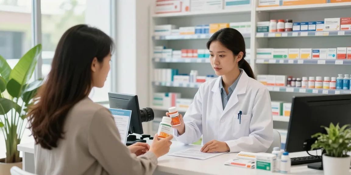Unieke Pharma Shop met apotheker die klant helpt bij het kiezen van vitamines.