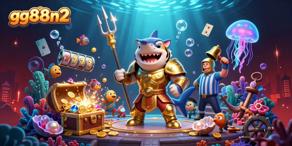 Engage in exciting gaming at gg88n2, featuring a shark gladiator in an underwater casino scene.
