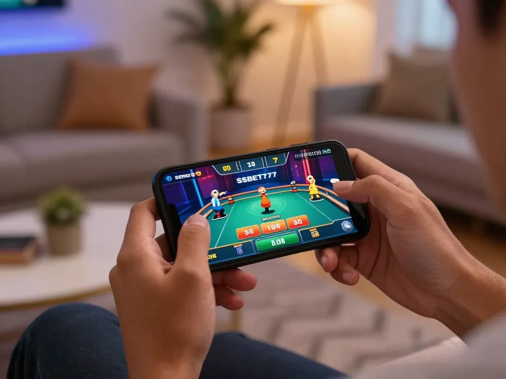 Engage in thrilling gameplay with the SSBET77 app on a smartphone, showcasing dynamic live dealer games in a cozy home.