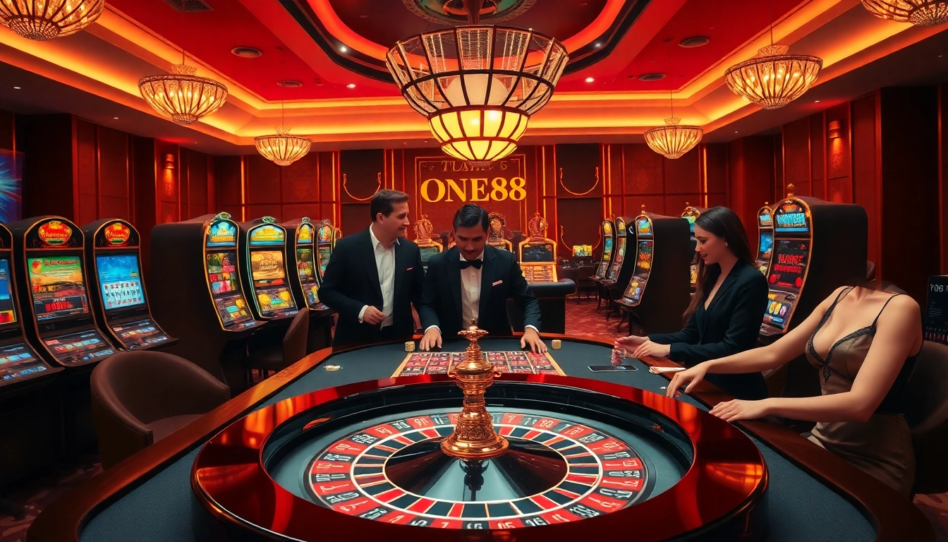 ONE88 casino features vibrant tables, engaging players, and luxurious decor in an exciting atmosphere.