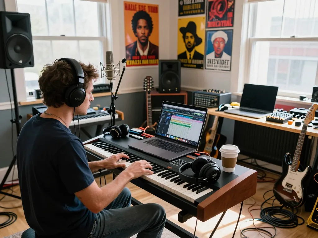 VK88 organ in a vibrant music studio during a jam session, inspiring creativity.