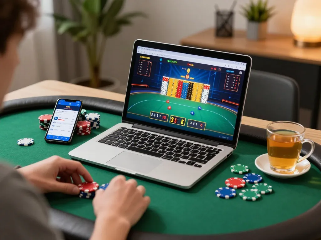 Engaging poker gameplay at HITCLUB from the comfort of home, showcasing a laptop with chips and drinks.