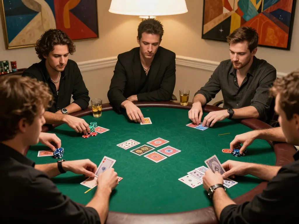 VU88 poker night with players strategizing over chips and cards in a cozy home setting.