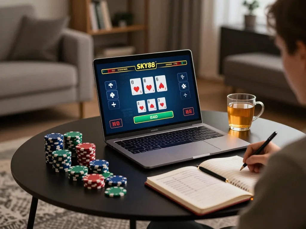 SKY88 online player engaging in live dealer blackjack from home, showcasing strategy and comfort.