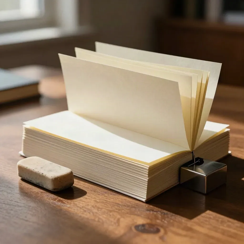 Gemarkeerde proefbundel met gum en metalen paperweight op een warme houten tafel.