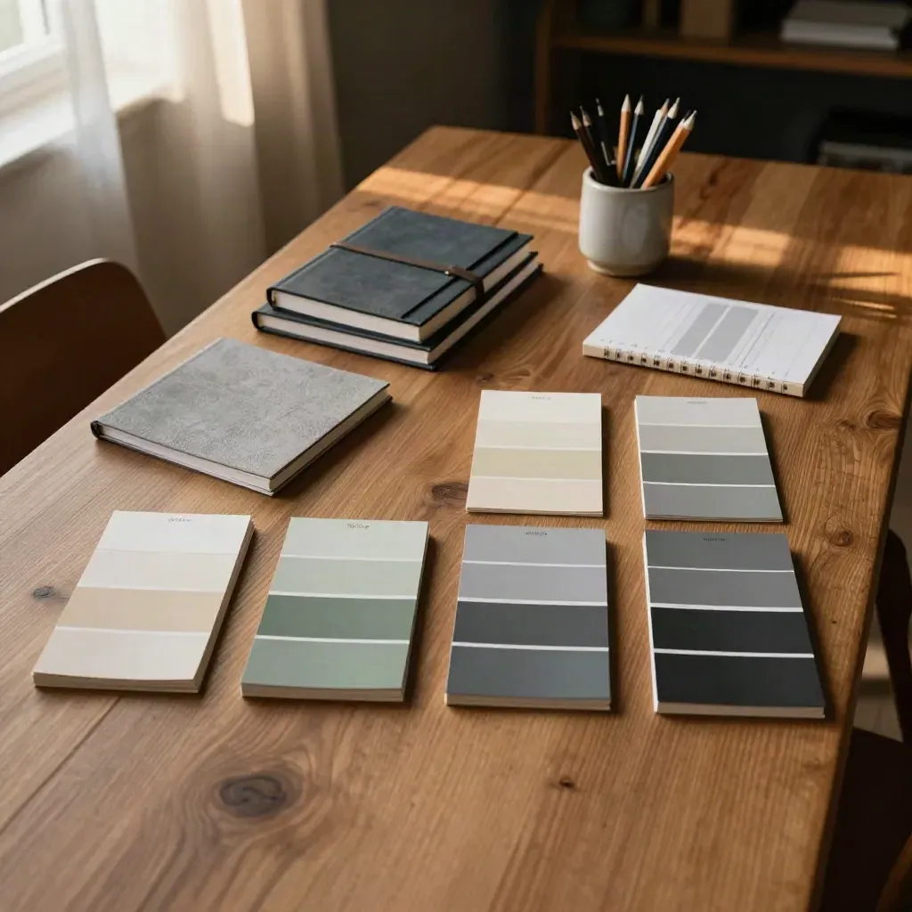Bovenaanzicht van workshopmaterialen op een houten tafel in zacht daglicht.