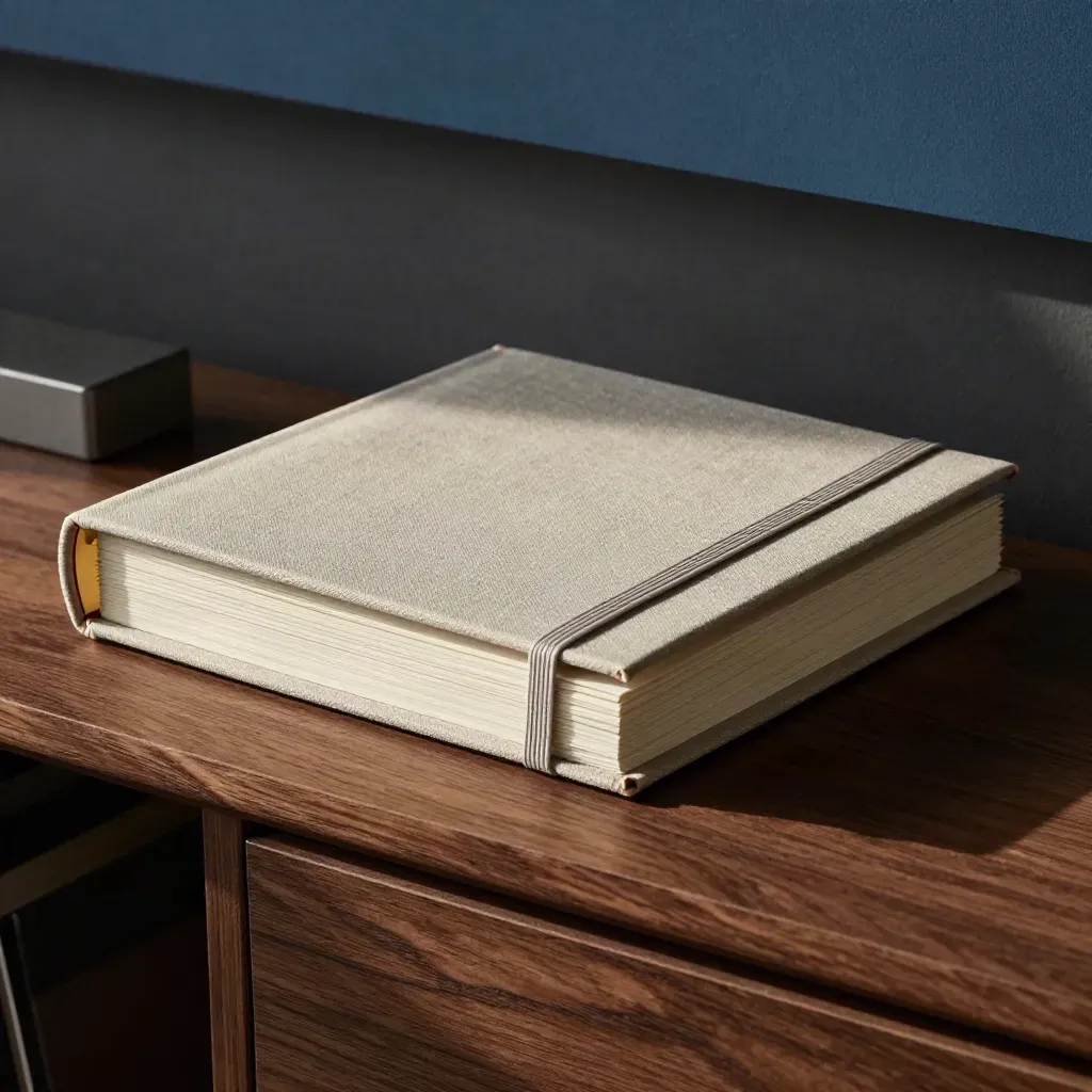 Open merkstem-handboek met tabbladen en voorbeeldbladen in donkere studio, zijdelings belicht.
