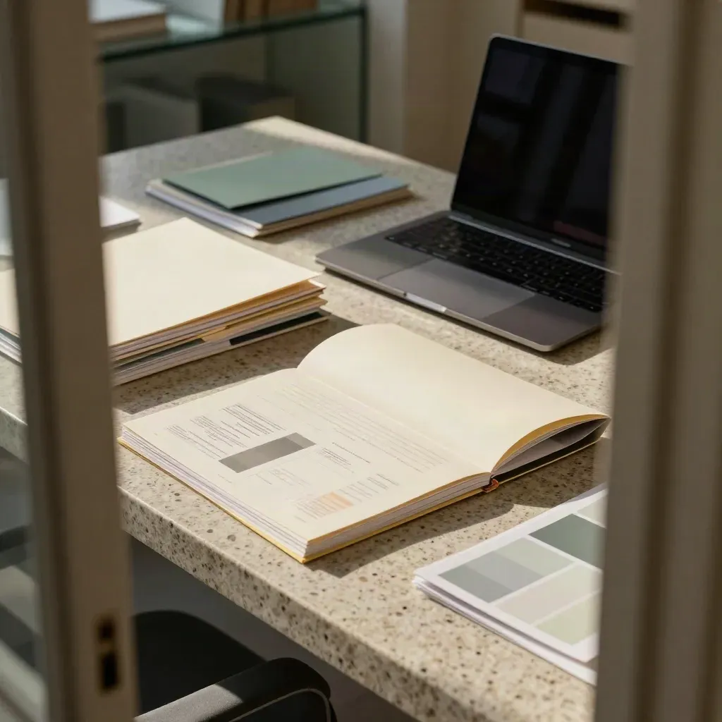 Auditmappen, laptop en kleurstalen op een travertijnen werktafel in zacht studiolicht.