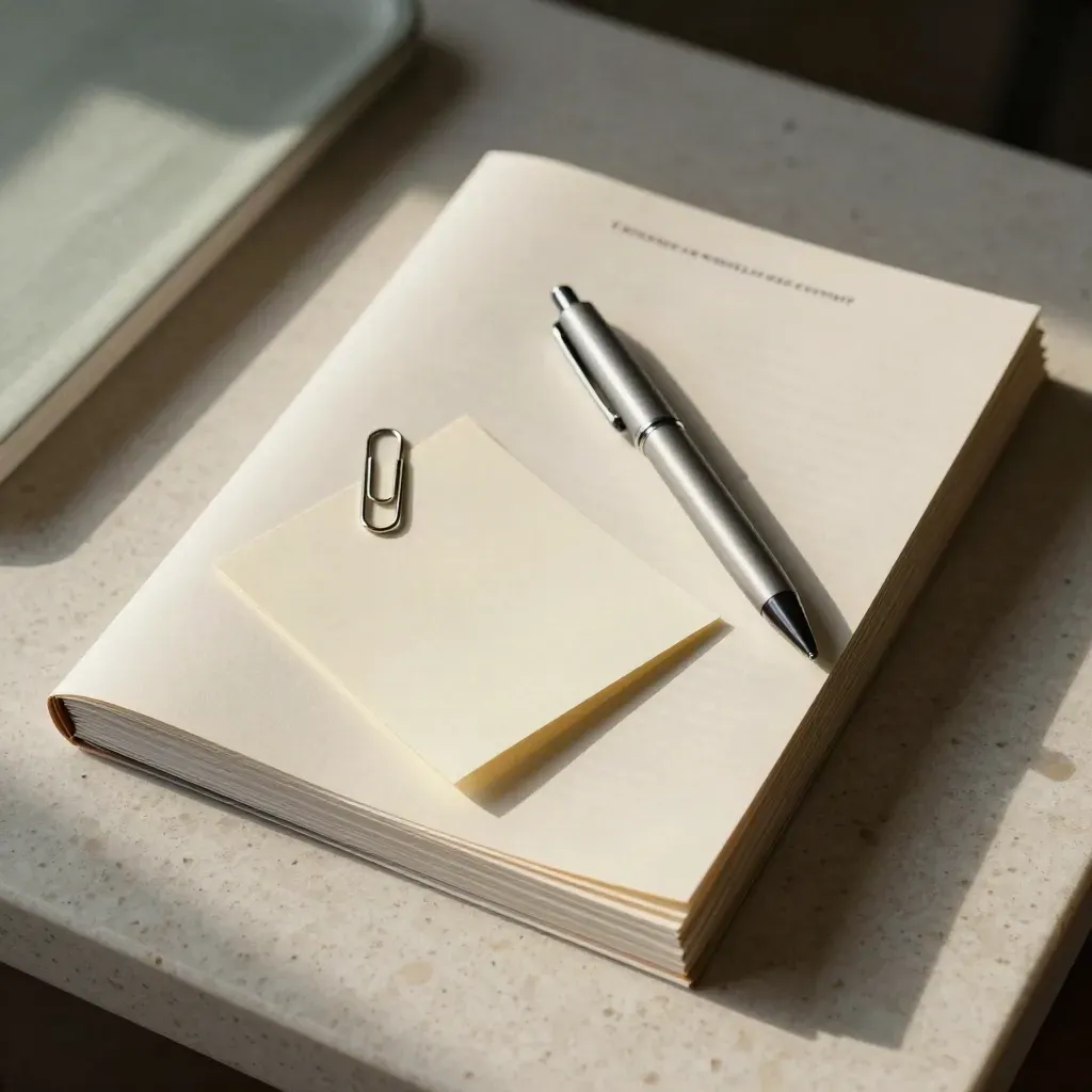 Bovenaanzicht van een nieuwsbriefredactie met paperclips, gevouwen kaartjes en een kleine pen op travertin.