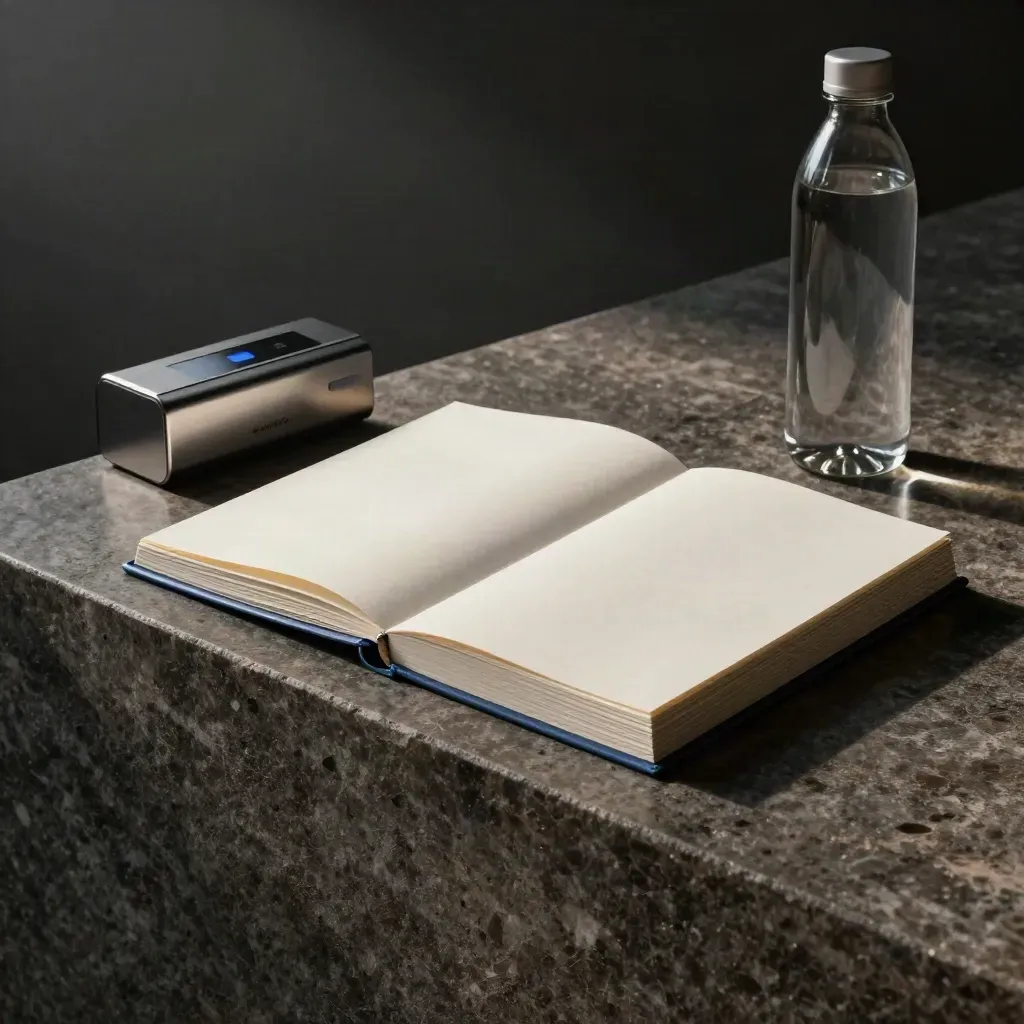 Speaker notes, timer en waterfles op donkere steen; kaarten waaieren open bij podiumlicht.