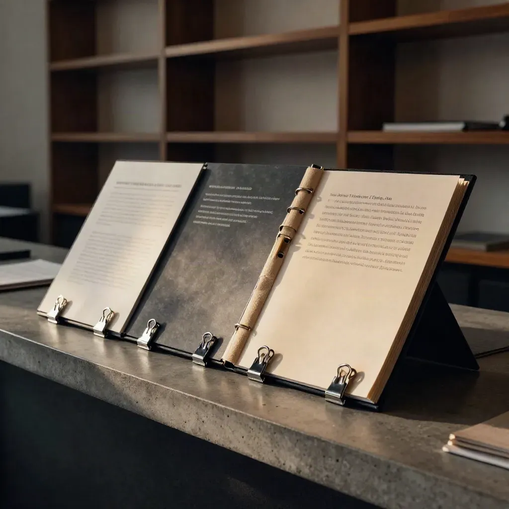 Taalcheck-set met drie stadskleurkaarten, binder en clips in een donkere studio