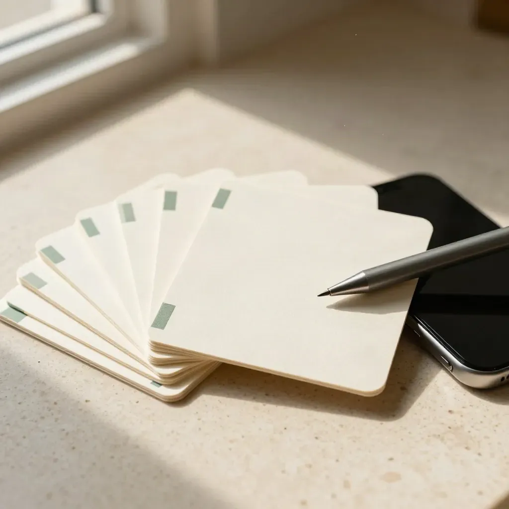 Bovenaanzicht van fanned caption cards, telefoon met zwart scherm en slanke pen in crème en saliegroen.