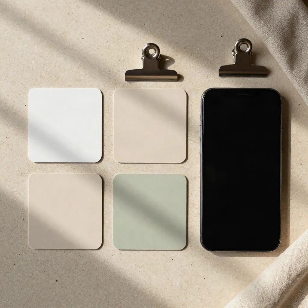 Bovenaanzicht van smartphone, vierkante kaarten en metalen clip op lichte steen.