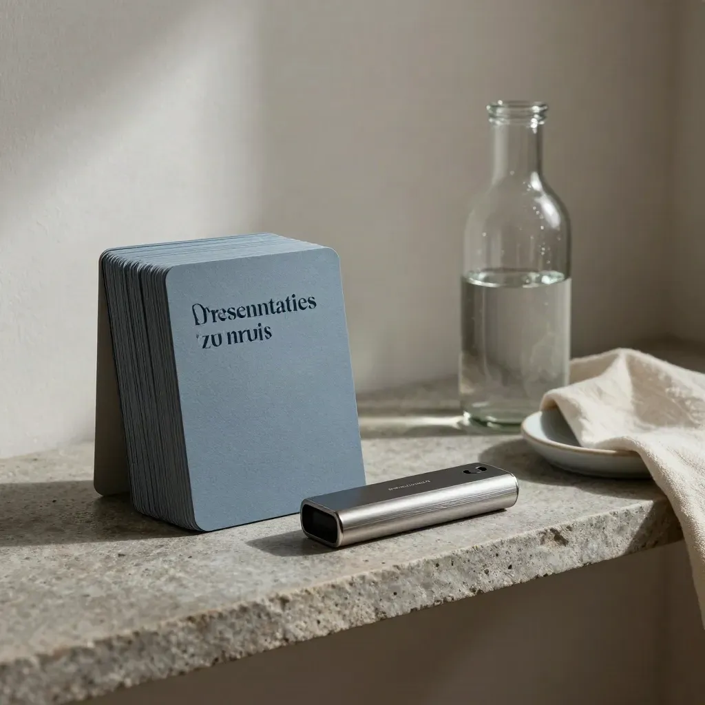 Stenen shelf met speak-card deck, clicker en glazen waterfles in rustige presentatiesfeer