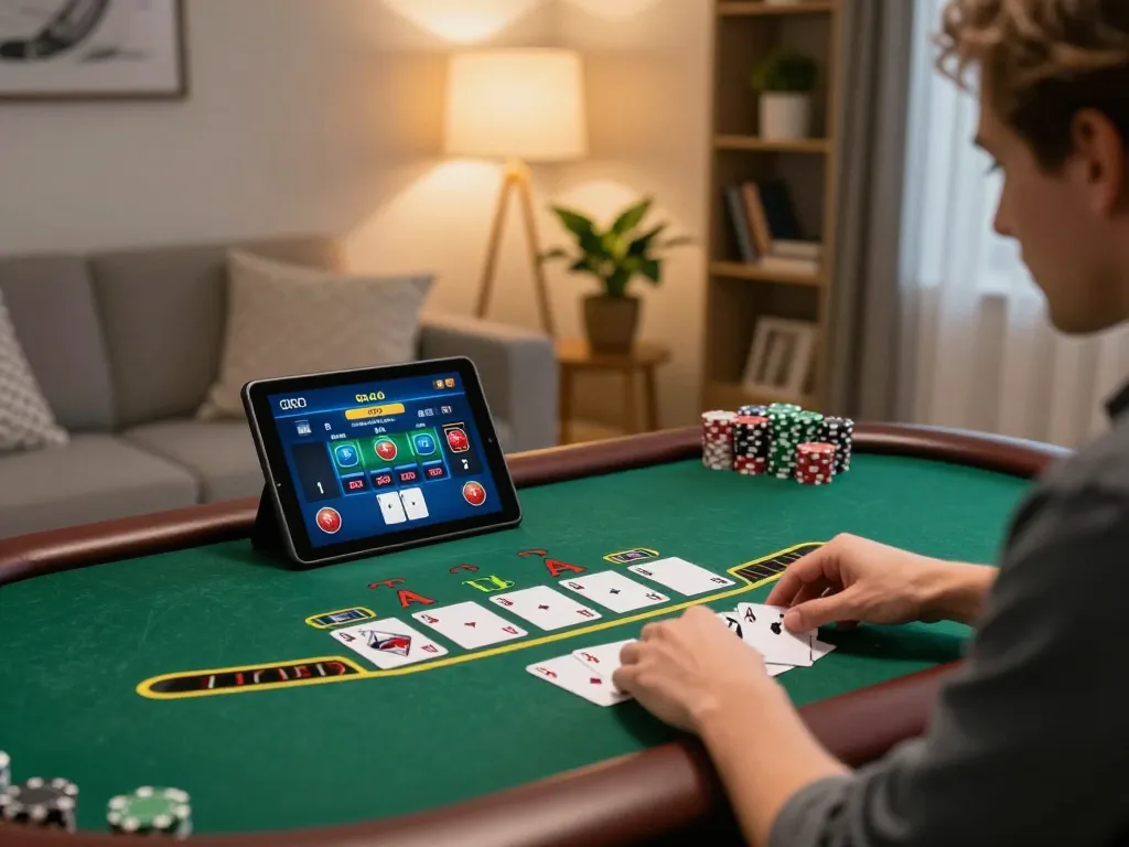 Player enjoying live dealer blackjack on LC99 tablet in cozy home setting