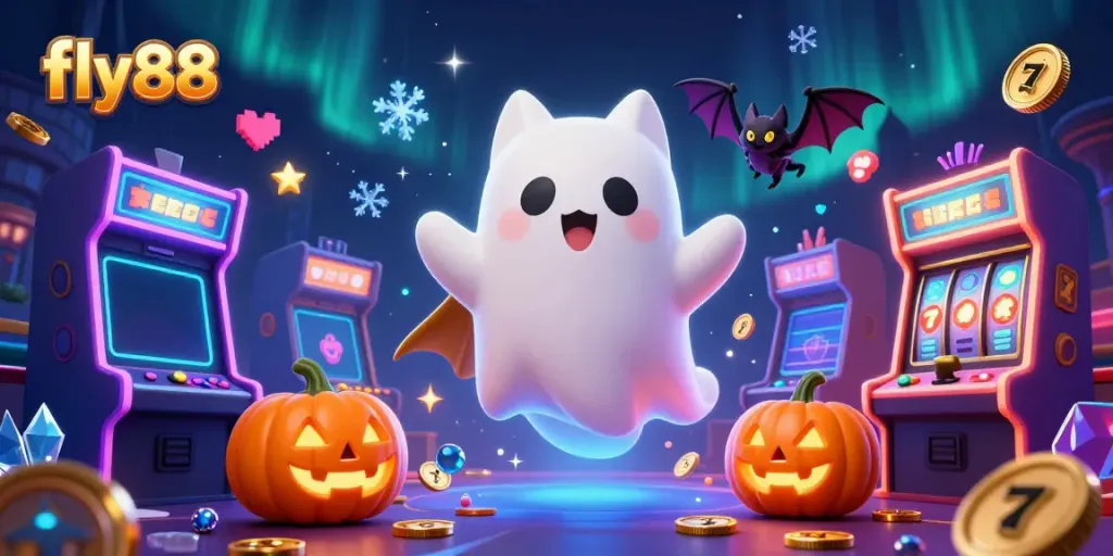 Experience spooky fun with fly88's ghost cat and vampire bat in a vibrant casino scene filled with excitement.