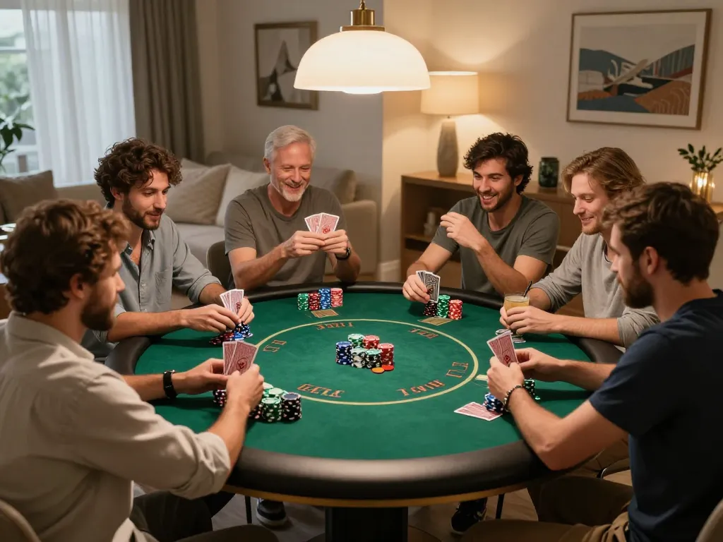 SIN88 poker players engaging in a friendly home game atmosphere, showcasing strategy and excitement during gameplay.