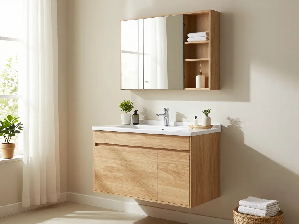 Natuurlijk eiken badkamerkasten die een heldere, moderne badkamer esthetiek verbeteren met spiegelkast en elegante accessoires.