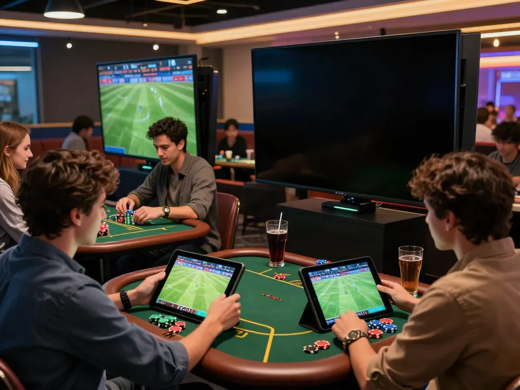 Engaged players at https://fabet.com.mx/ enjoying live sports betting in a modern lounge.