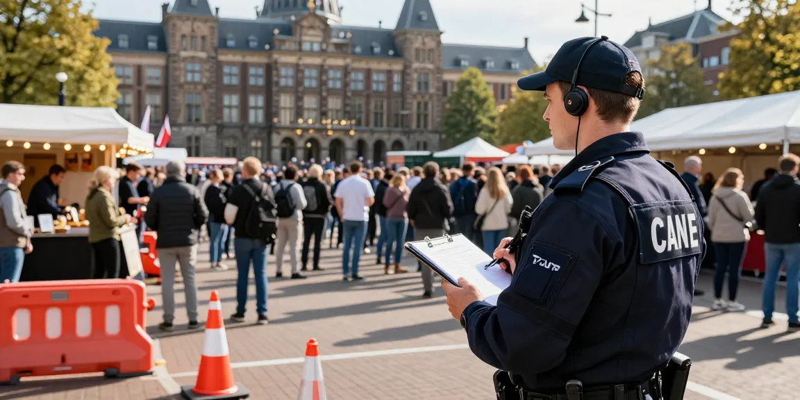 Security guard ensuring safety at an event, illustrating beveiliging den haag in a vibrant urban setting.
