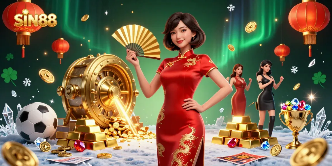 SIN88 sports betting experience featuring a confident woman in a casino adorned with gold coins and gem treasures.