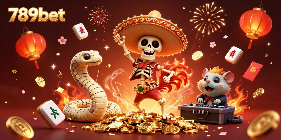 Celebrate with 789bet as a cartoon skeleton mariachi dances amidst golden coins, fireworks, and casino treasures.