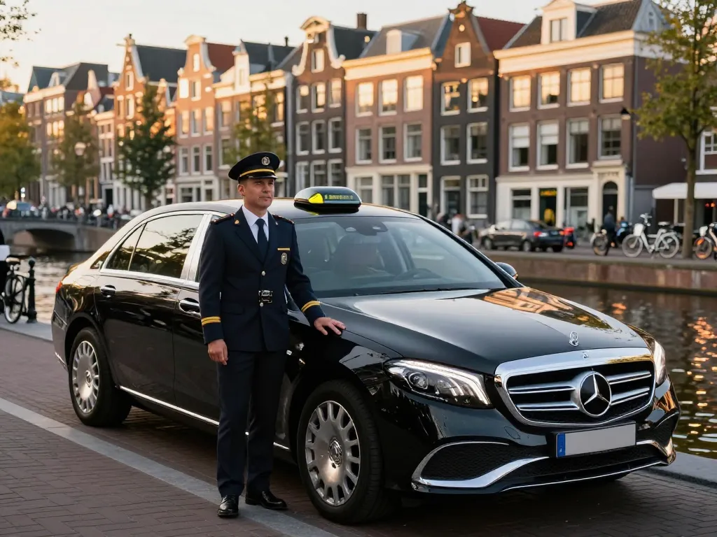 Taxi Amsterdam die luxe ritten aanbiedt in een Mercedes nabij prachtige grachten.