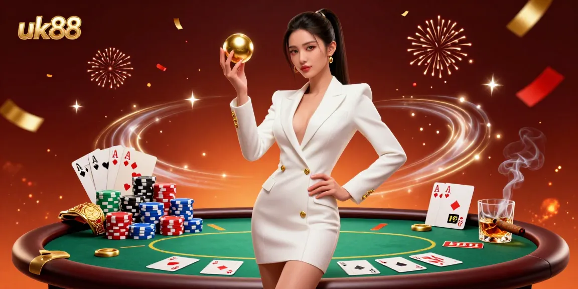 Experience thrilling gameplay at uk88 with an elegant Asian woman mastering roulette amidst rich casino elements.