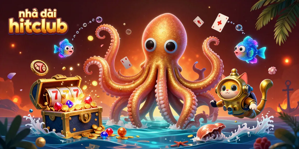 Experience the excitement of Nhà cái hitclub with dynamic slot gameplay featuring a colossal kraken and treasure-rich scene.