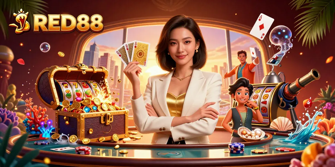 Engage in dynamic gaming action at RED88 with vibrant slot reels, golden cards, and a glamorous host.