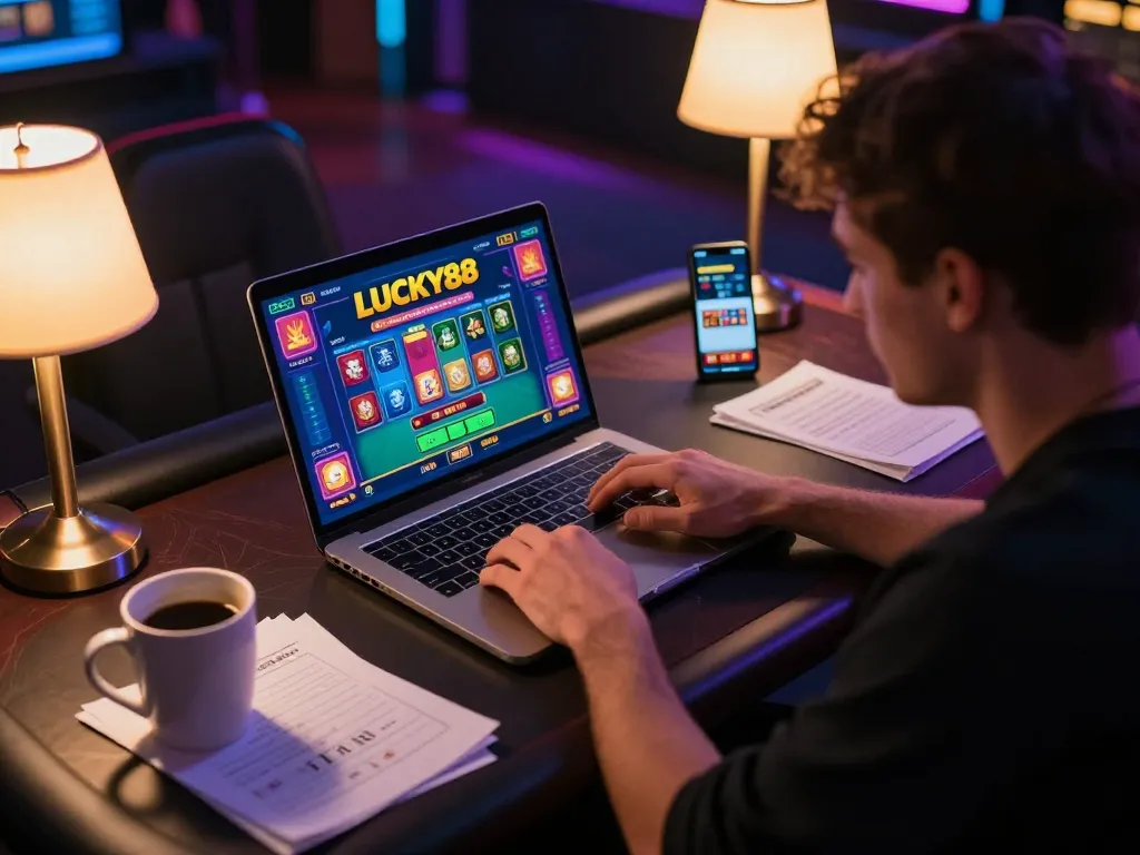 Player enjoying online poker at LUCKY88 with vibrant game interface and comfortable home setting.