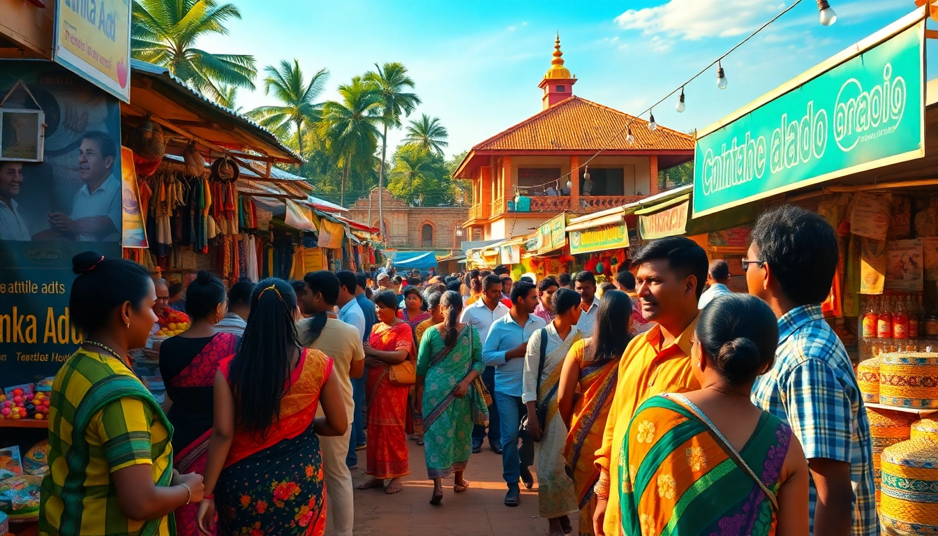 Lively Sri Lankan marketplace showcasing people and 'Lanka Add' ads, vibrant colors and warm atmosphere.