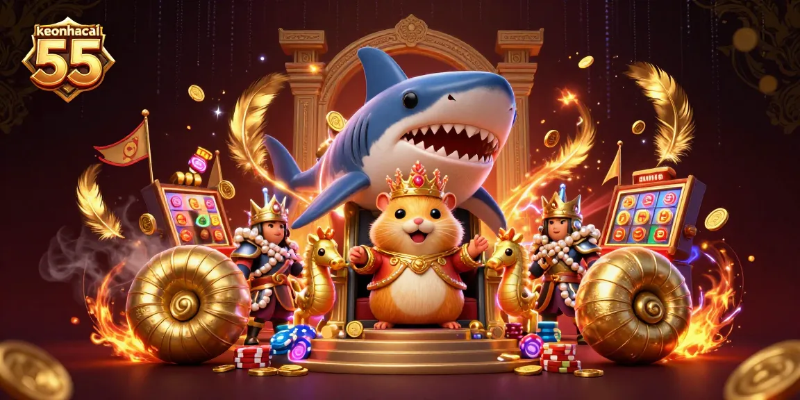 Engage with keonhacai 55’s vibrant casino scene featuring a golden hamster king on a shark tooth throne.