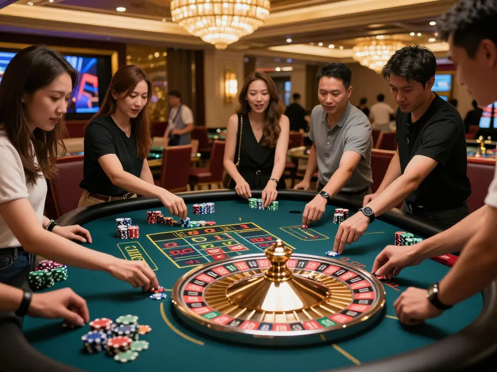 Five88 players eagerly placing bets at an exciting roulette table, showcasing a vibrant casino atmosphere.