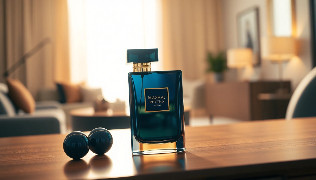 Mazaaj Rhythm by Zimaya perfume bottle showcased elegantly on a stylish table, illuminated by natural light.