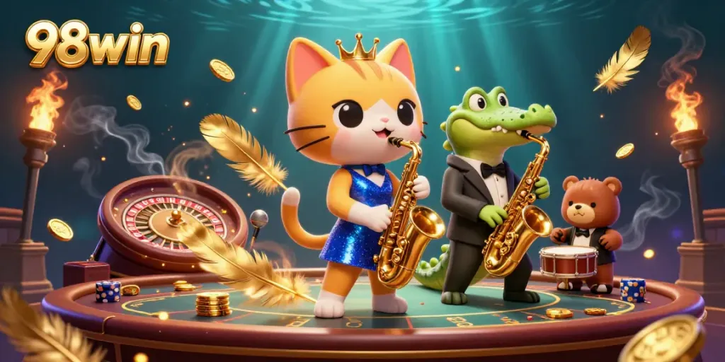 Join the fun with 98win and win big featuring a vibrant casino illustration.