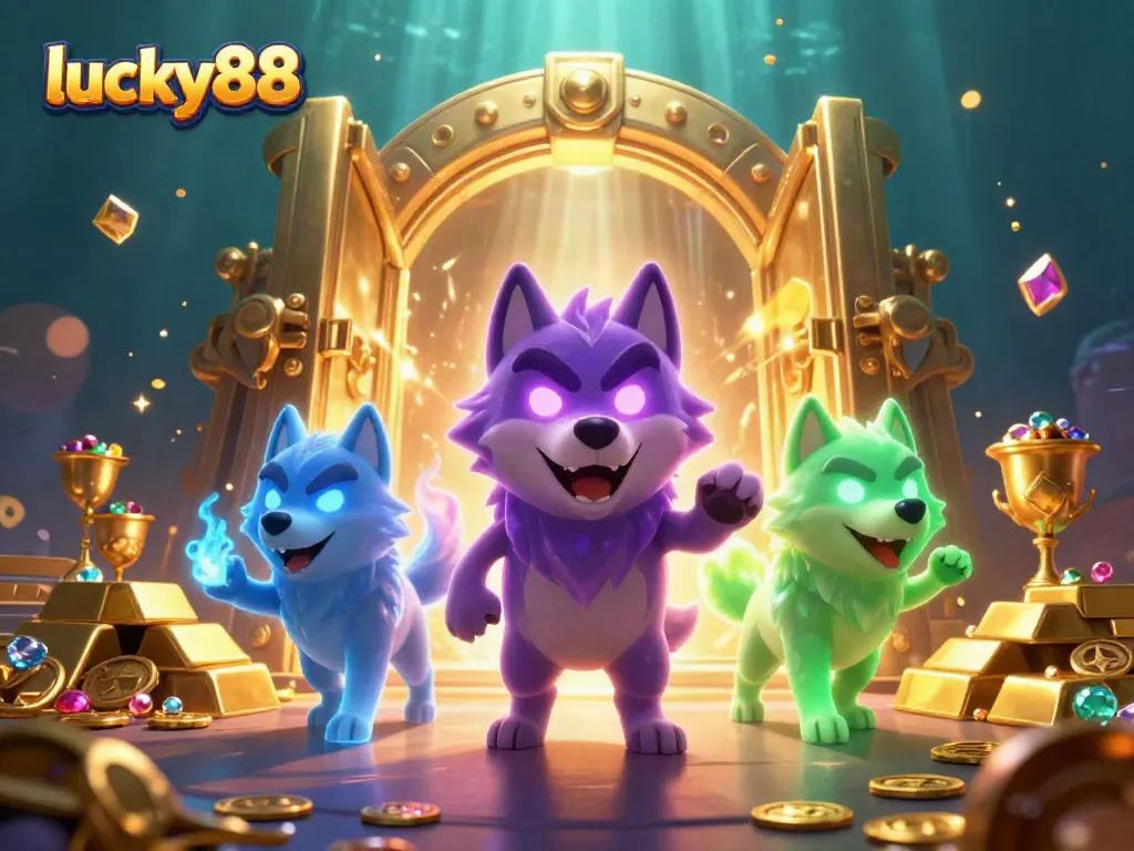 Engage with lucky88's vibrant casino experience featuring glowing wolves and treasures.