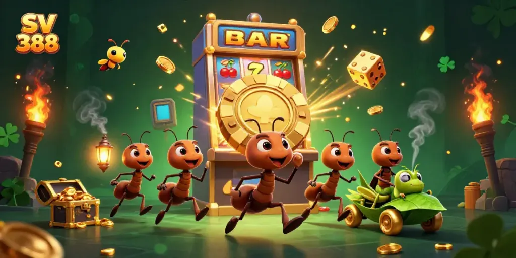 Experience the excitement of SV 388 with ants on a heist, golden chips, and casino elements sparkling around.