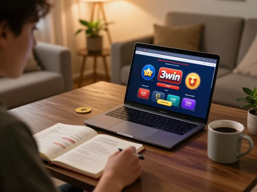 Player enjoying an engaging gaming session on 3win online casino while managing betting strategies in a cozy home